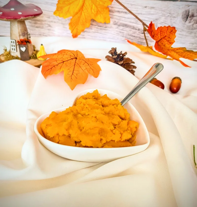 Herbstlich dekorierte Schale mit selbstgemachtem Kürbispüree auf weißem Tuch, umgeben von bunten Herbstblättern, Zapfen und Deko – perfekte Basis für Kürbisrezepte.