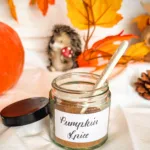 Glas mit selbstgemachter Pumpkin Spice Gewürzmischung auf weißem Tuch, dekoriert mit herbstlichen Blättern und Kürbis – perfekt für Latte, Muffins oder Desserts.