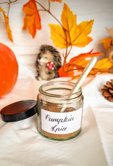 Glas mit selbstgemachter Pumpkin Spice Gewürzmischung auf weißem Tuch, dekoriert mit herbstlichen Blättern und Kürbis – perfekt für Latte, Muffins oder Desserts.