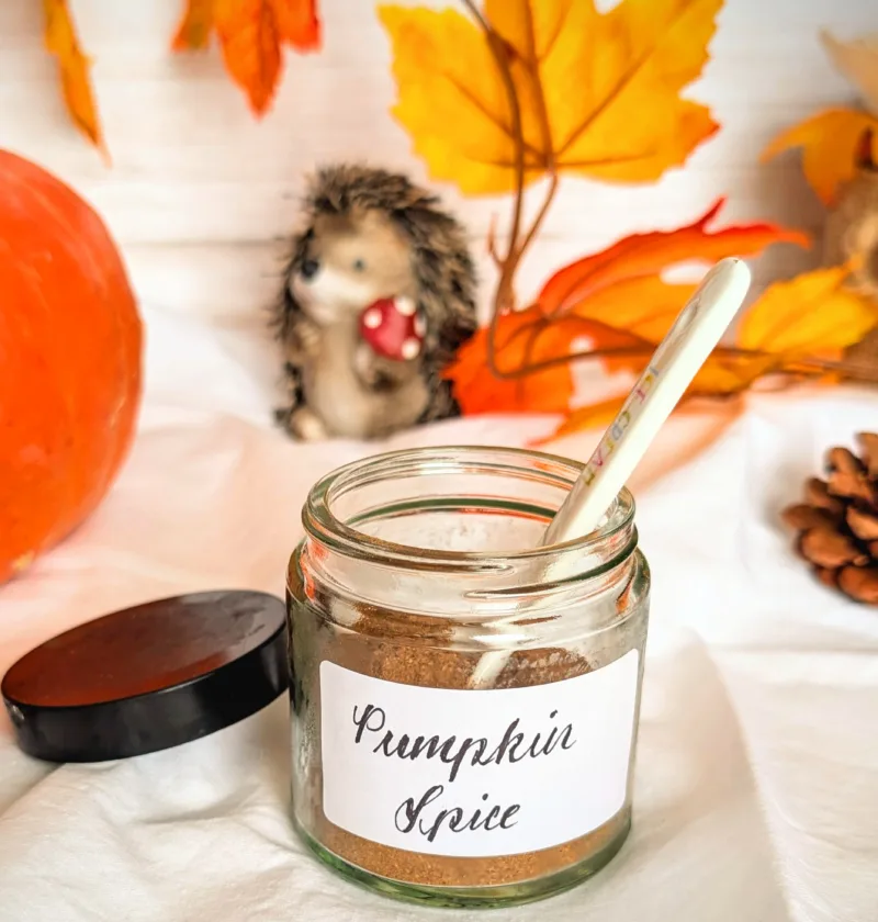 Glas mit selbstgemachter Pumpkin Spice Gewürzmischung auf weißem Tuch, dekoriert mit herbstlichen Blättern und Kürbis – perfekt für Latte, Muffins oder Desserts.