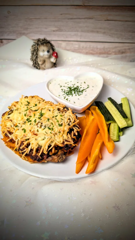 Überbackene Süßkartoffel mit würziger BBQ-Hackfleischfüllung, Kichererbsen, Jalapeños und goldbraun geschmolzenem Käse, serviert mit cremigem Dip und frischen Gemüsesticks.